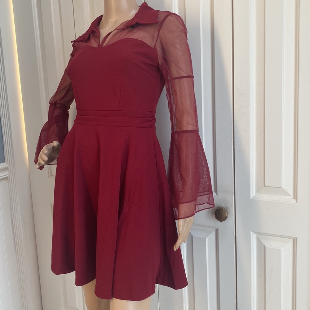 NWT Amazon Red Women Womens Dress Size Small. Sheer Bell Sleeves and Collar. - Picture 4 of 13
